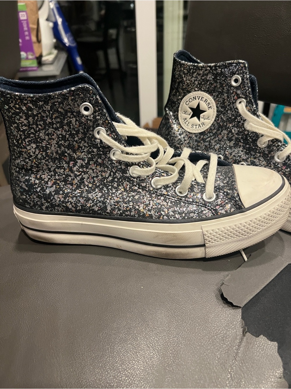 Converse womens High Top Glitter Sneaker - Black with Multi Glitter